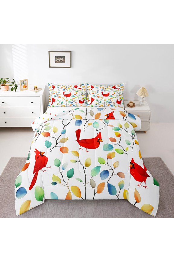 Cardinal Bird Comforter Set Boho Floral Bedding Set, Colorful Leaves Down Comforter Abstract Watercolor Plant Bed Set, Wild Animal Quilted Duvet