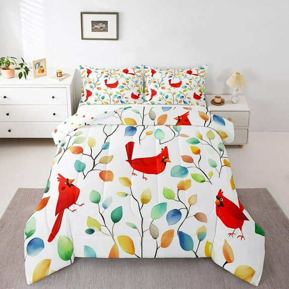 Cardinal Bird Twin Size Comforter Set Boho Floral Bedding Set, Colorful Leaves Down Comforter Abstract Watercolor Plant Bed Set, Wild Animal Quilted Duvet