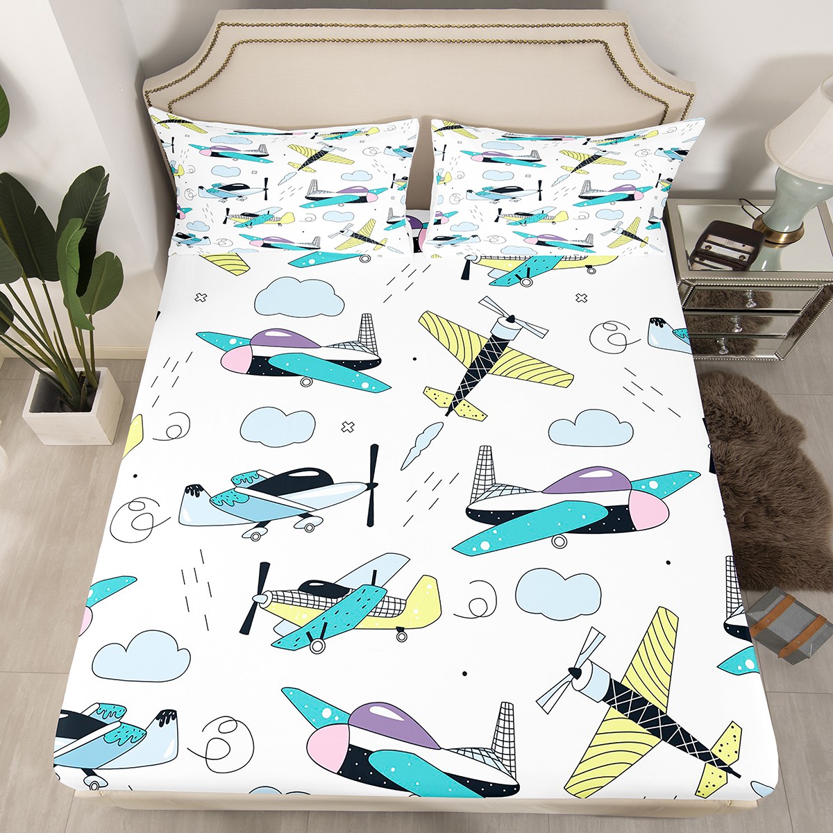 YST Cartoon Airplane Fitted Sheet Queen Size for Kids Bedroom Decor ...