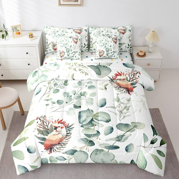 Cartoon Animal Bedding Comforter Sets 7pcs Kawaii Parrot Bed in a Bag, Wild Bird Twin Bedding Sets Cute Wildlife Comforter Set, Botanical Green Eucalyptus Bedding Sets
