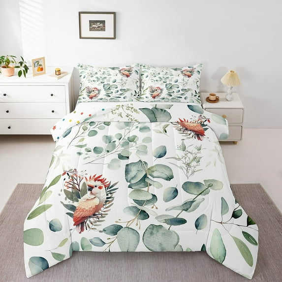 Erosebridal Cartoon Animal Twin Size Comforter Set Kawaii Parrot Bedding Set, Wild Bird Down Comforter Cute Wildlife Bed Set, Botanical Green Eucalyptus Quilted Duvet