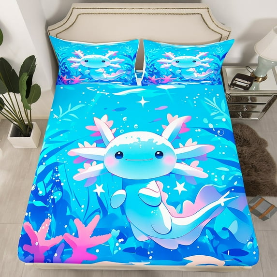 Cartoon Axolotl Bedding Set Bedroom Decor,Cute Salamander Painting Bed Sheets Twin Size,Kawaii Wildlife Animals Reptile Fitted Sheet Blue SeaPlant Sheets