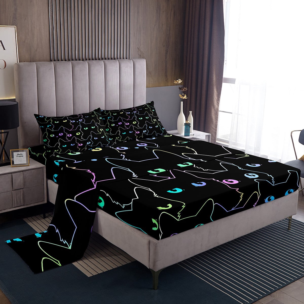 Erosebridal Cartoon Black Cat Bed Sheets Set Gradient Cats Queen Sheet ...