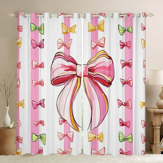 Cartoon Bow Knot 30%-50% Blackout Curtains 84x90,Simple Bows Ribbon Curtains For Living Room,Kawaii Stripe Printed Thermal Curtains & Drapes,White Pink Colorful Window Treatments