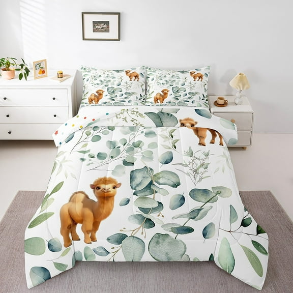 Cartoon Camel Twin Bedding Sets Desert Wildlife Comforter Set, Spring Plant Bedding Comforter Sets Eucalyptus Leaf Duvet Insert, Animal Theme Down Comforter Room Decor