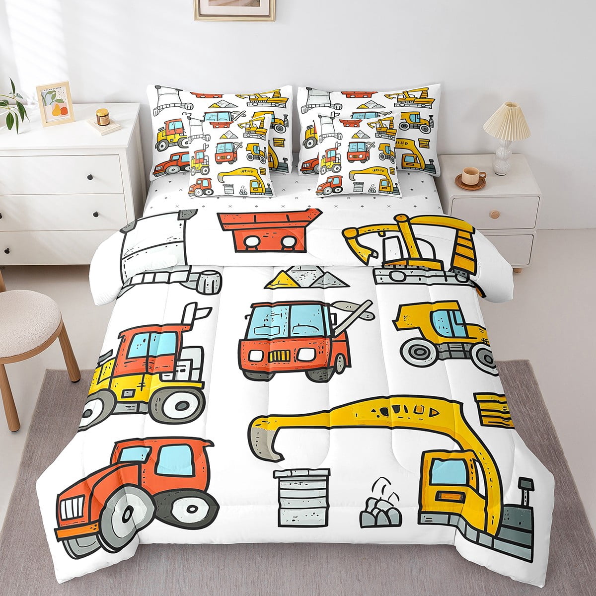 YST Cartoon Car 7 Piece Comforter Set Twin Size,Yellow Orange Excavator ...