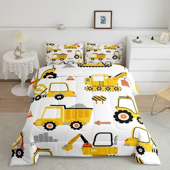 Cartoon Car Comforter Set Construction Comforter Equipment Trucks Bedding Set Breathable Cartoon Yellow Car Excavator Tractor Duvet Set Room Decor Quilt Set Full Size