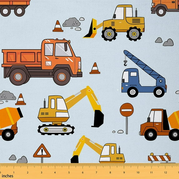 Erosebridal Cartoon Car Fabric By The Yard,Excavator Upholstery Fabric ,Construction Site Vehicles Decorative Fabric,Cartoon Truck Indoor Outdoor Fabric,Blue Orange,1 Yard