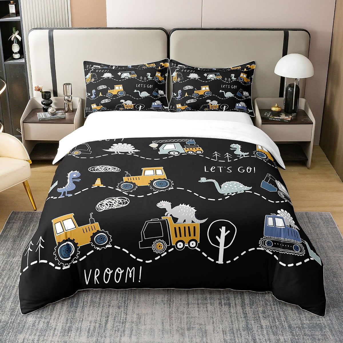 YST Cartoon Car Kids Bed Sets with 1 Pillow Sham Kawaii Dinosaur Duvet ...