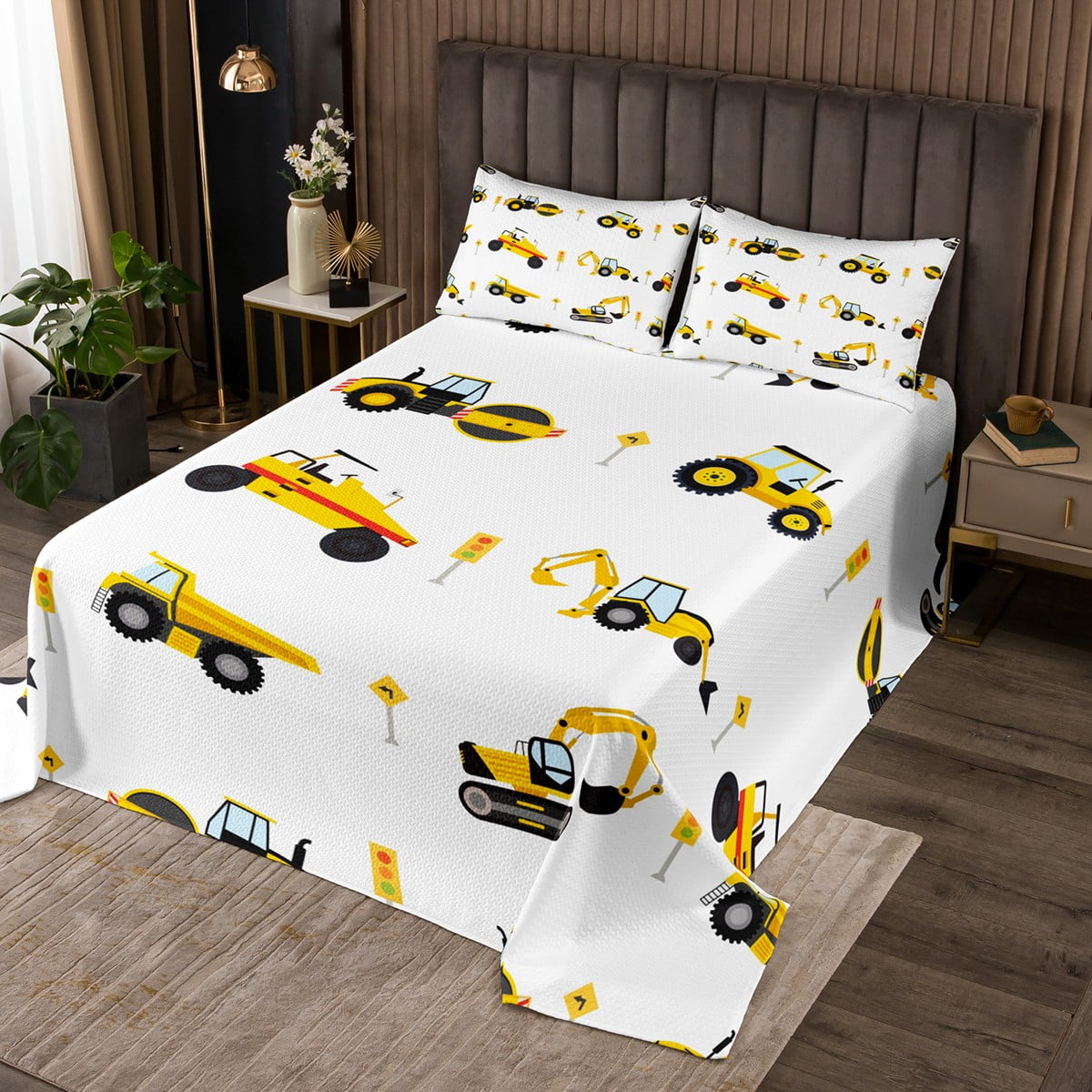 Erosebridal Cartoon Car Queen Sheet Set - 3Pcs Excavator Tractor Bedding For Boys, Reversible All Season - View #2