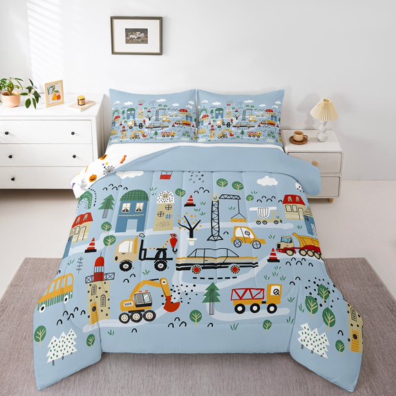 Erosebridal Cartoon Car Bedding Set Excavator Comforter Set, Tractor Machinery Trucks Bedding Comforter Sets, Construction Vehicle Down Comforter, Reversible
