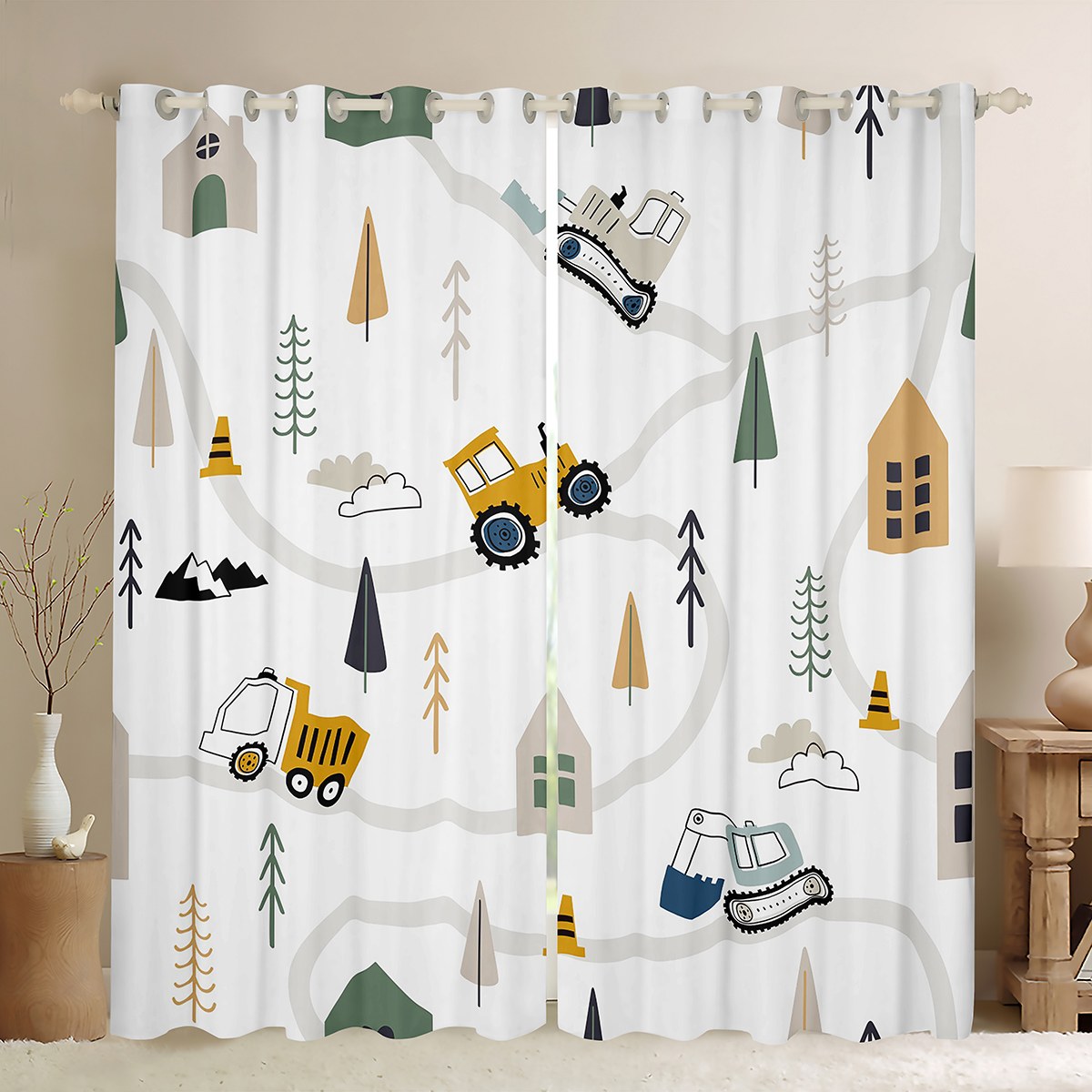 Construction Truck Curtains For Kids - 2 Panels, 38x54 Inch, Machinery Theme Room Decor - View #6