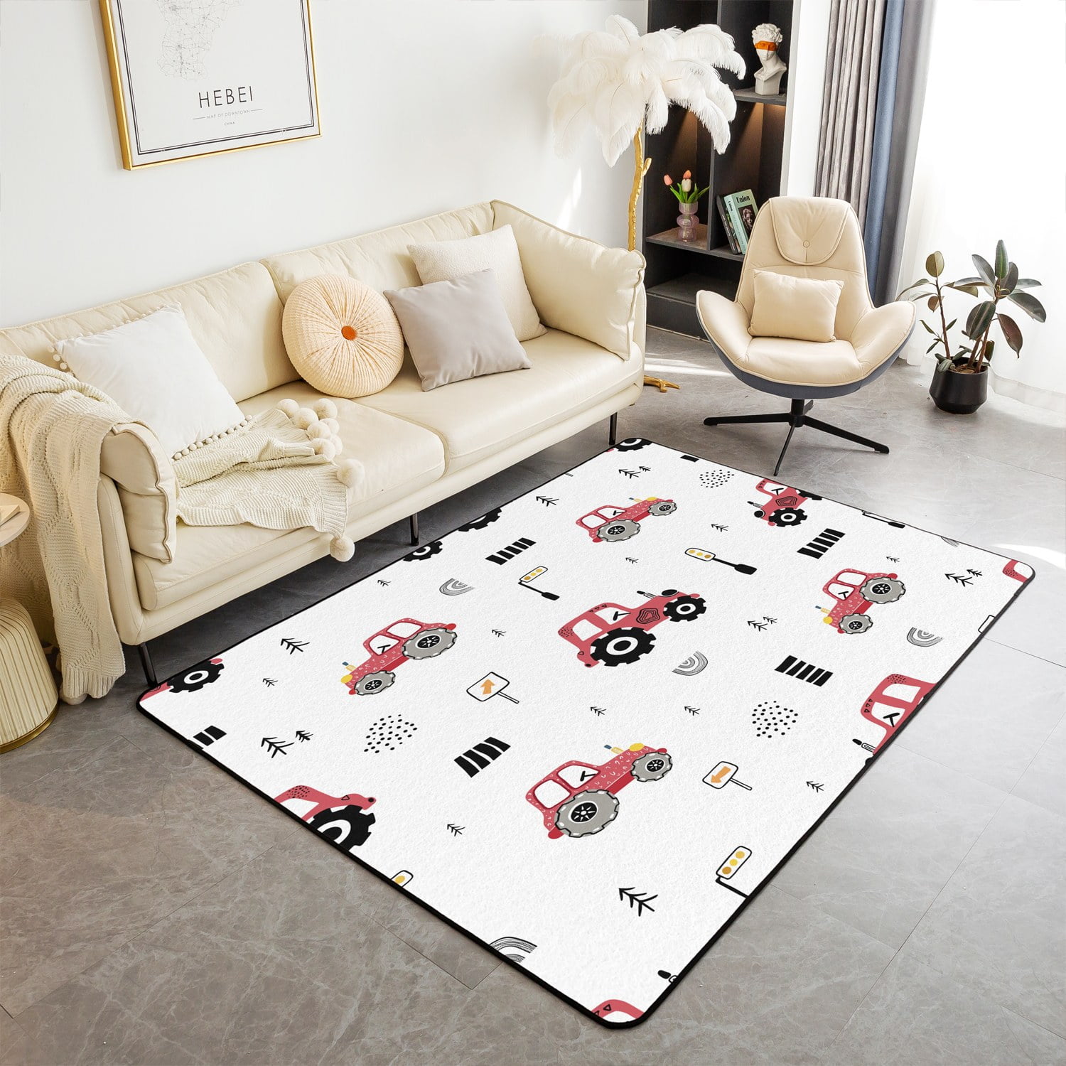 YST Cartoon Cars Area Rugs 3x5 for Bedside,Tractor Truck Carpet for Kids Girls Boys,Construction