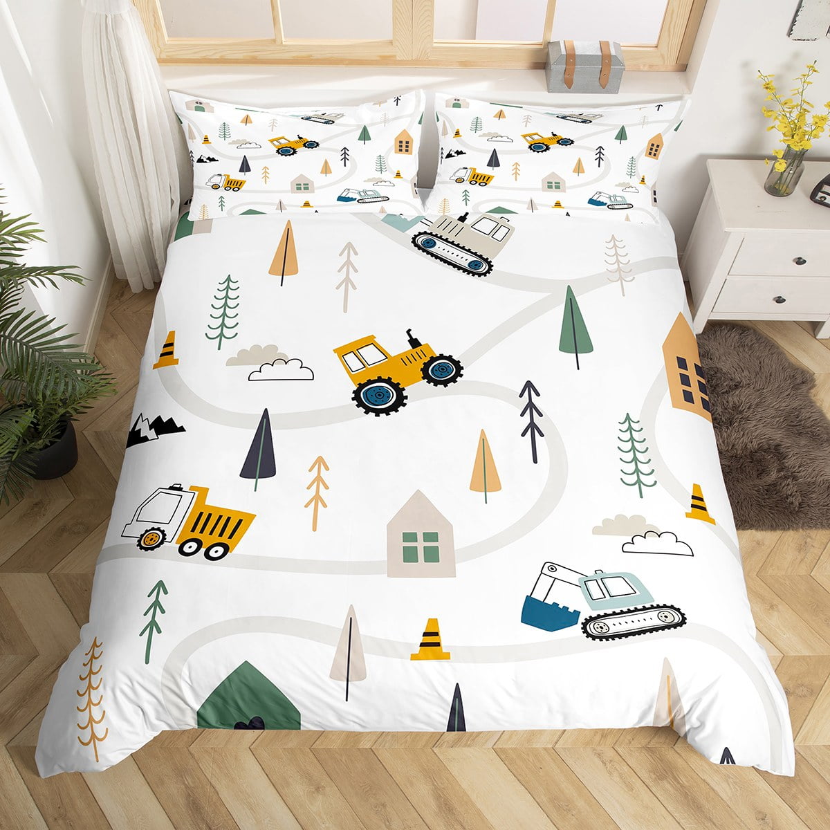 YST Cartoon Cars Comforter Cover Construction Vehicle Bedding Set King