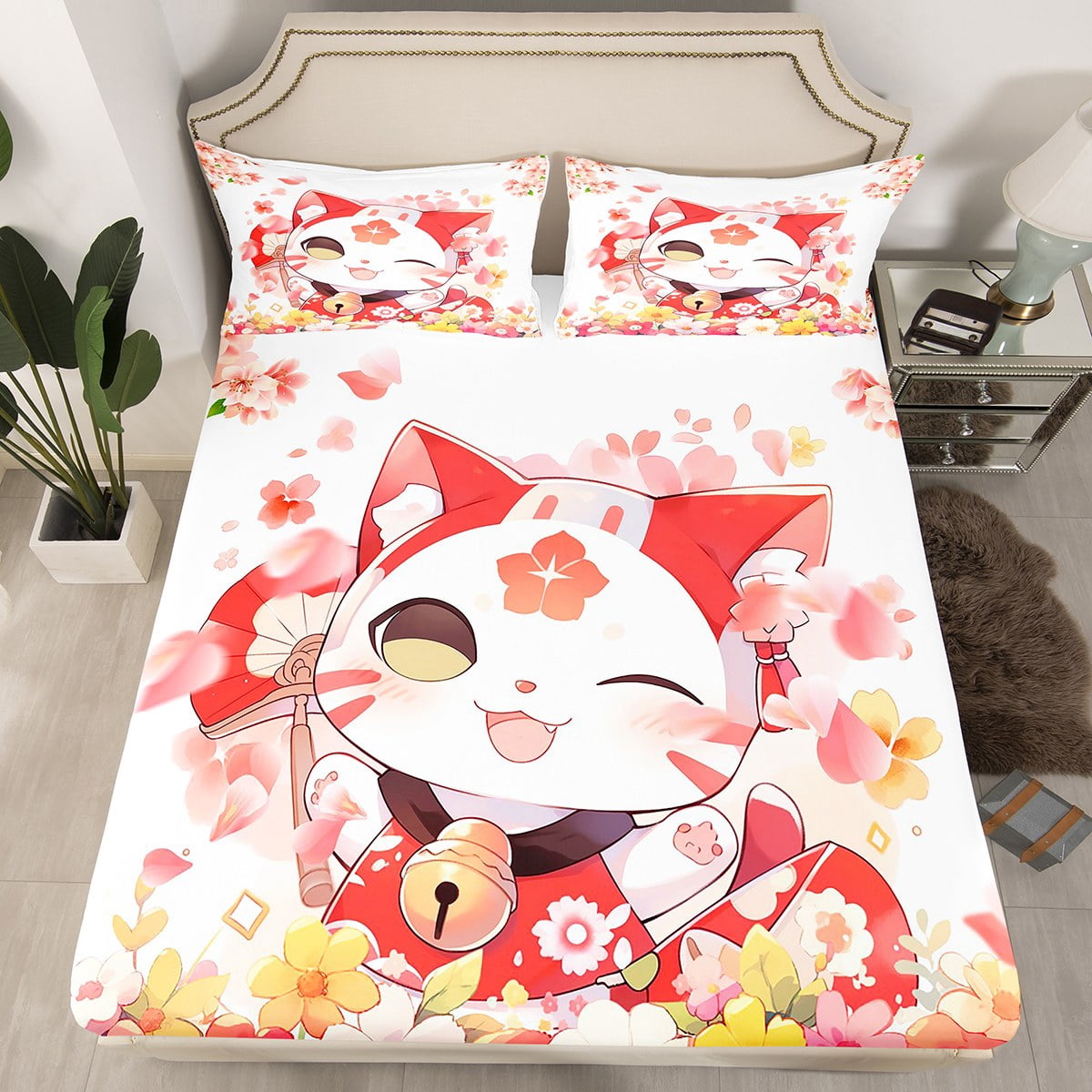 Kawaii Cat Bedding Set - Twin 2-Piece Fitted Sheet & Pillowcase, Pink Rose Floral Cat Lover Design, Polyester Microfiber