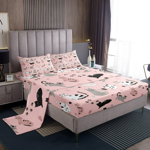 Cartoon Cat Queen Size Sheet Sets Cute Kitten Bed Sheets Set, Girly Pink Bedding, Top Sheet + Fitted Sheet + Pillowcase 4-Piece, Room Decorative