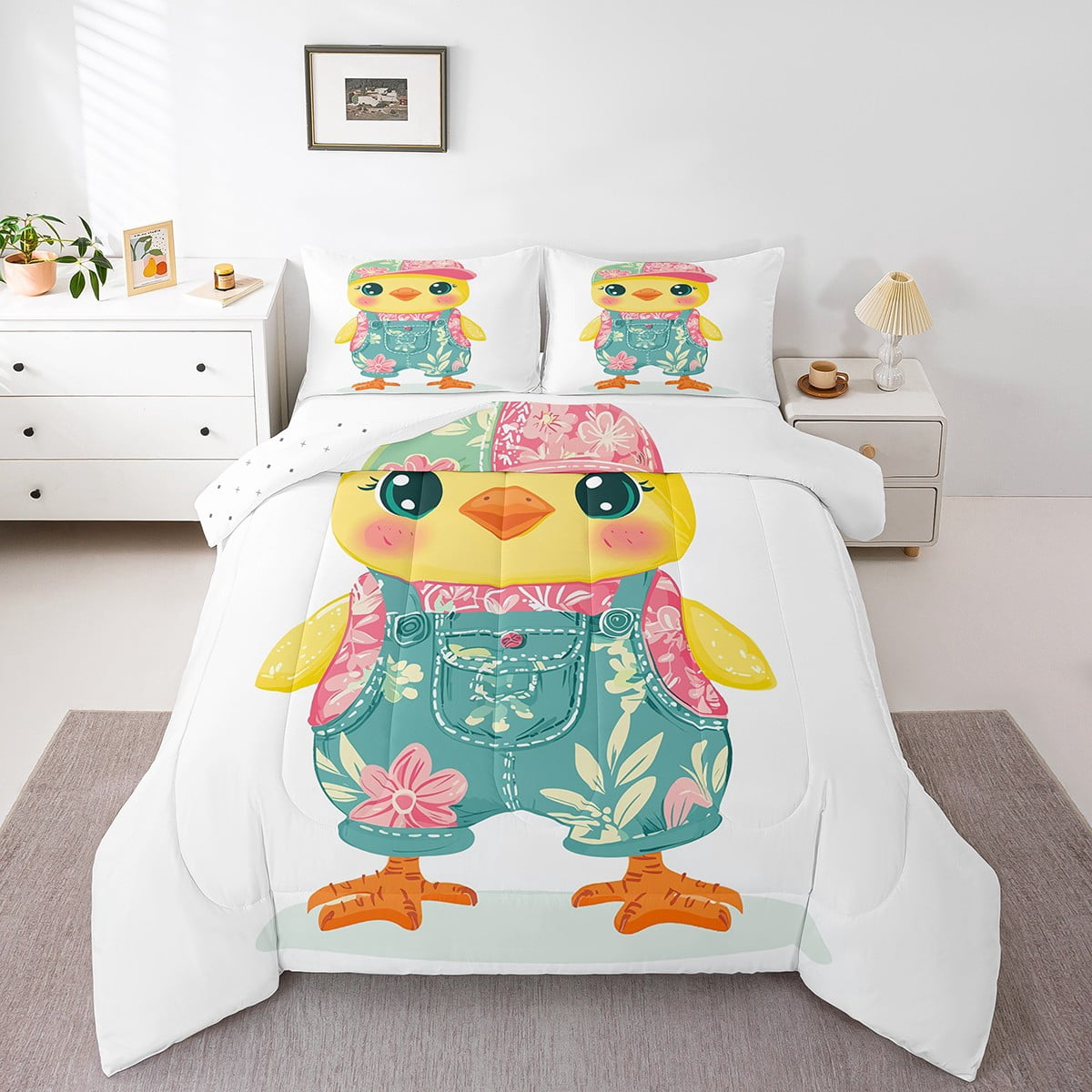 Cartoon Chicken Bedding Set Queen Size,Kawaii Chick Cock Quilt Bedroom ...