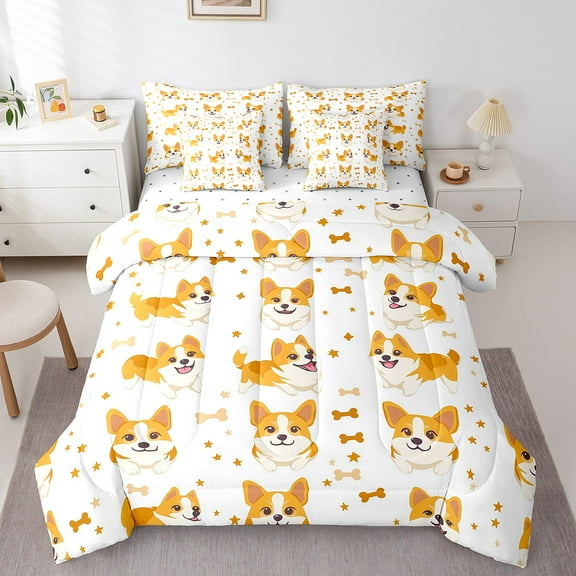 Cartoon Corgi Comforter 7 Pieces Full Size Cute Dogs Bedding Set Room Decor Doggy Pet Bones Sheet Set Pet Animals Bed Set With 2 Pillow Cases