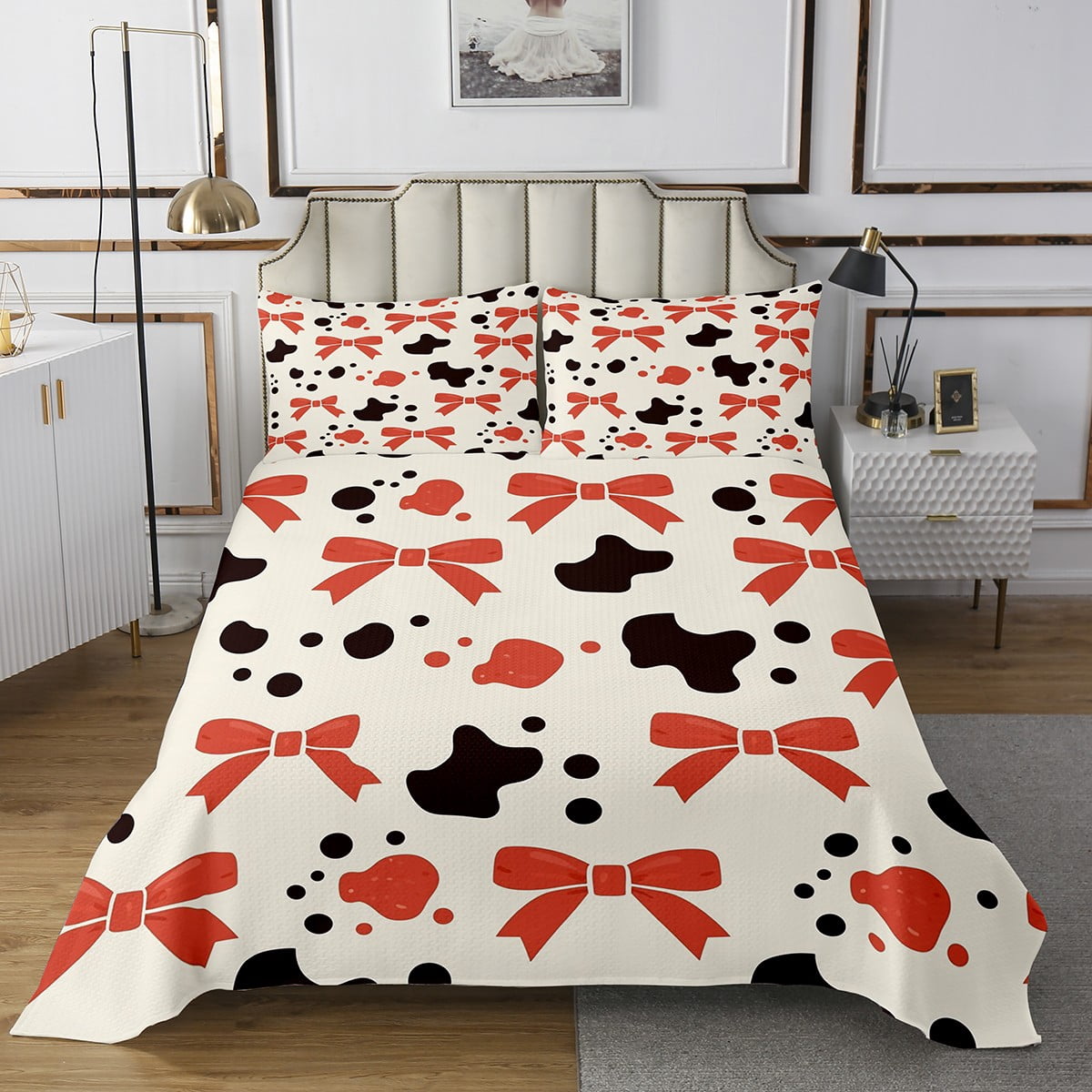 Cartoon Cow Pattern Bedspread Set King Size,Kawaii Bow Knot Quilt Set ...