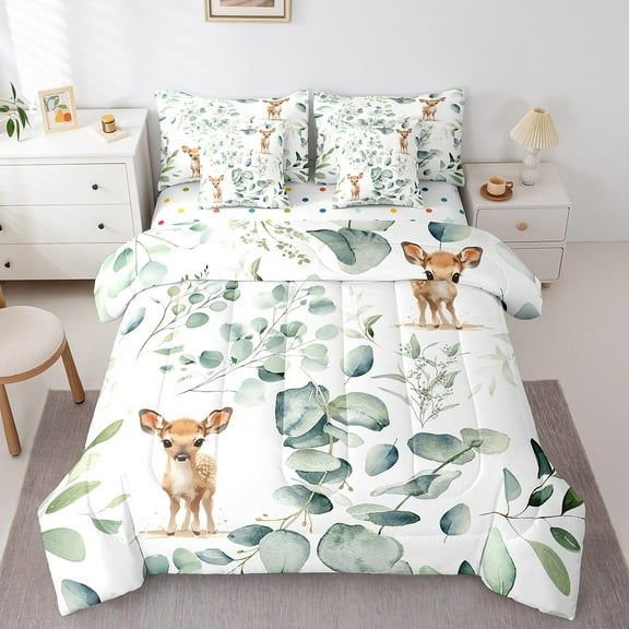 Cartoon Deer Bedding Comforter Sets 7pcs Woodland Wildlife Bed in a Bag, Spring Plant Twin Bedding Sets Eucalyptus Leaf Comforter Set, Jungle Animal Theme Bedding Sets Room Decor