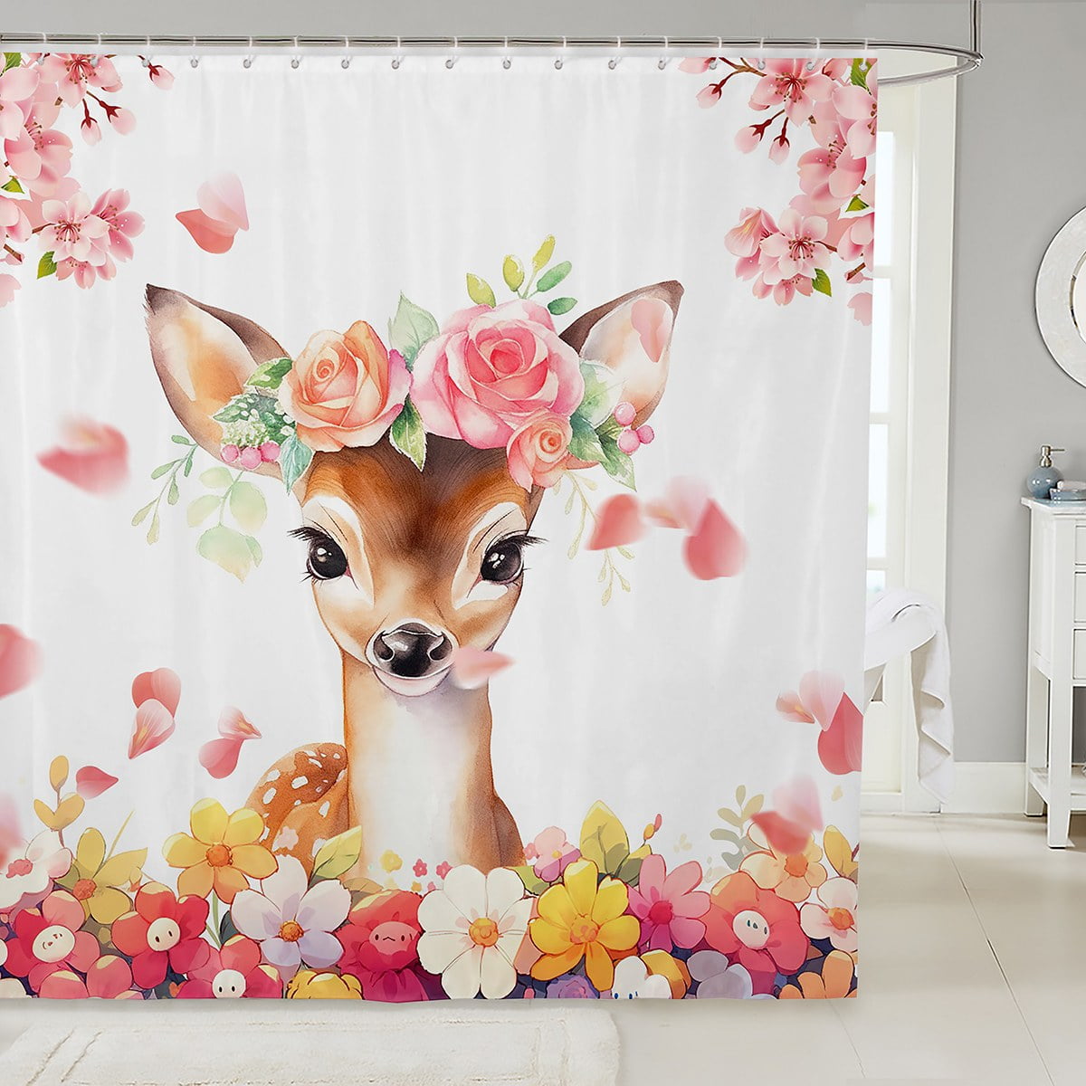 YST Cartoon Deer Shower Curtain forest Woodland Animal Bathroom Shower