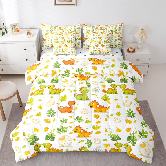 Cartoon Dinosaur 7 Piece Comforter Set Twin, Orange Green Dinosaur Dino Eggs Bed in a Bag with Flat Sheet and Fitted Sheet,Fall Leaves Botanical Bedding Set with Pillowcase and Sham