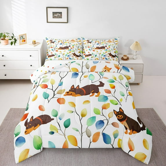 Cartoon Dog King Bedding Sets Watercolor Floral Comforter Set, Botanical Plants Duvet Insert Animal Pet Pug Puppy Down Comforter, Tropical Leaves Bedding Comforter Sets