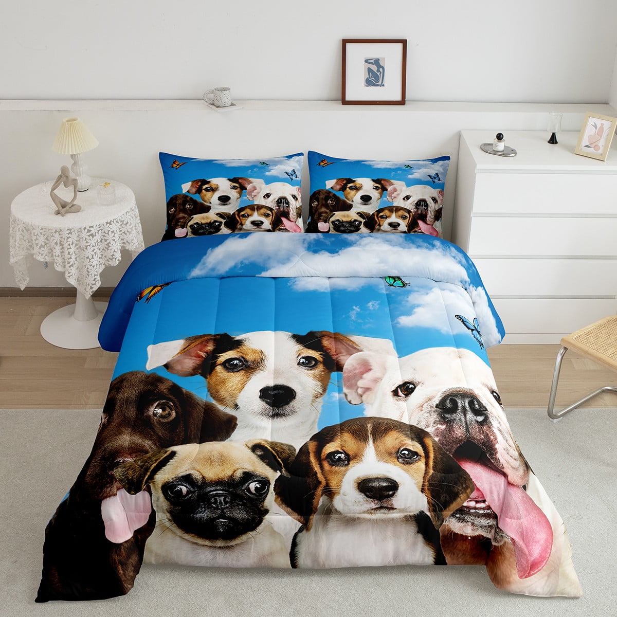 YST Cartoon Dogs Bedding Full for Kids Cute Pug Puppy Comforter Set