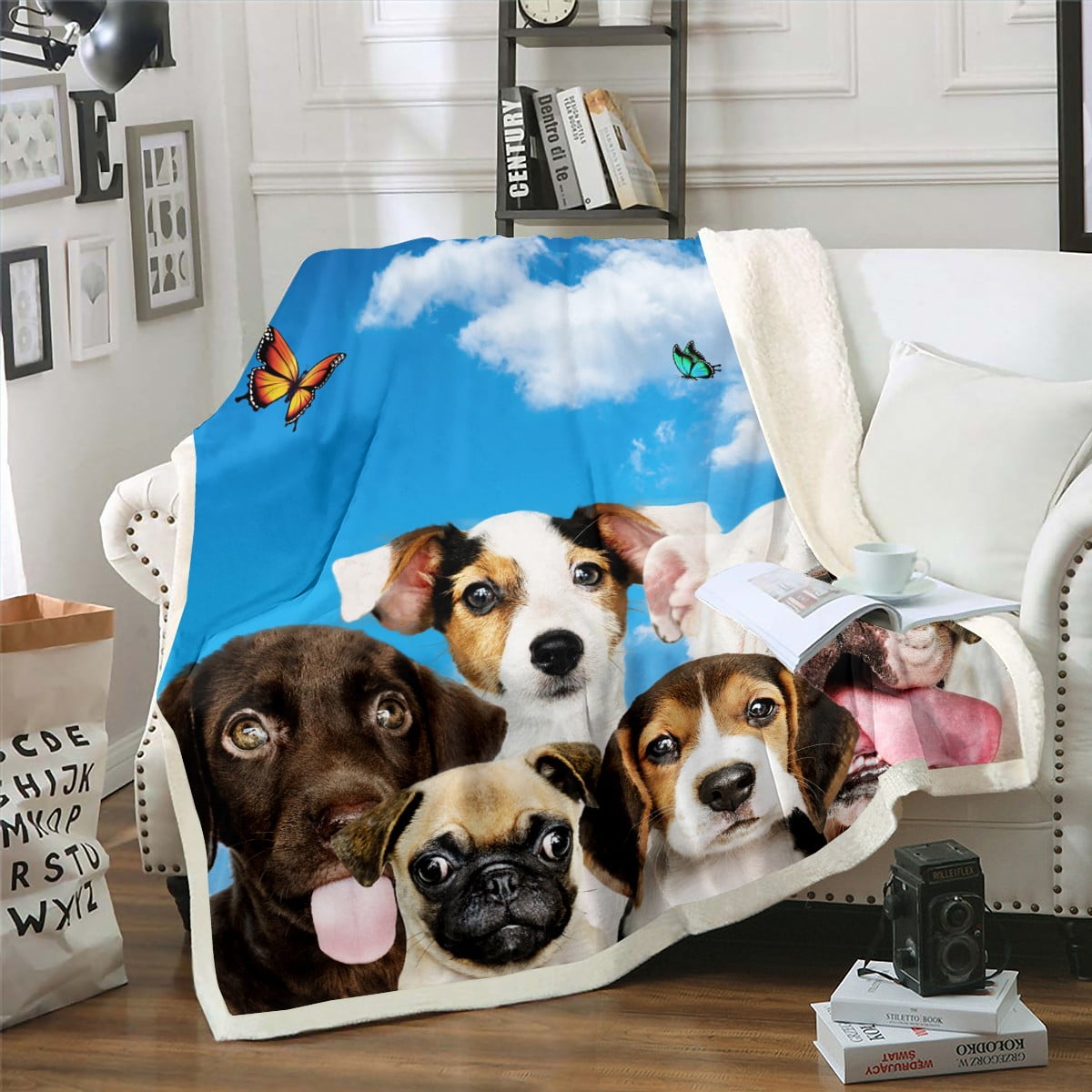 YST Cartoon Dogs Throw Blanket for Couch for Kids Cute Pug Puppy Fleece Blanket Coloful Butterfly Sherpa Blanket Blue Sky White Cloud Blanket Pet Theme Bed Blanket for Boys Girls Bedroom