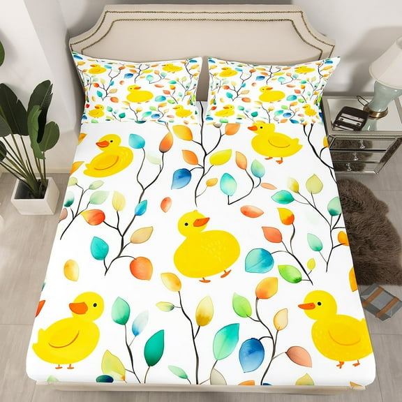 Cartoon Duck Bed Sheets Boho Floral Fitted Sheet Queen Size,Colorful Leaves Bedding Abstract Watercolor Plant Sheet,Farmhouse Animal Bed Cover(Deep Pocket),(No Top Sheet)