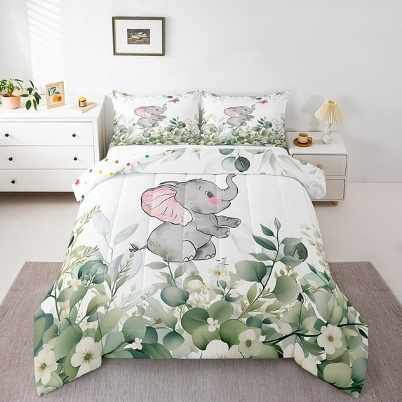 Cartoon Elephant Twin Bedding Sets Woodland Wildlife Comforter Set, Plant Bedding Comforter Sets Eucalyptus Leaf Duvet Insert, Jungle Animal Theme Down Comforter Room Decor