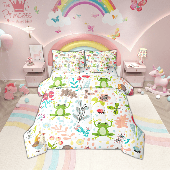 YST Cartoon Frog Kids Bedding Set Full Boys Girls Cute Tropical Animal Comforter Set With Sheets,Kawaii Floral Green Frog Bed In A Bag 7 Piece Woodland Leaves Flowers Butterfly Bed Set