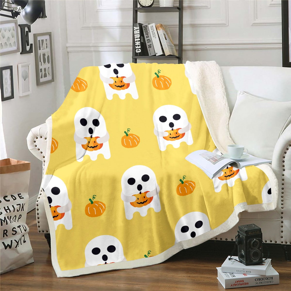 YST Cartoon Ghost Fleece Blanket Halloween Pumpkin Decor Fuzzy Blanket