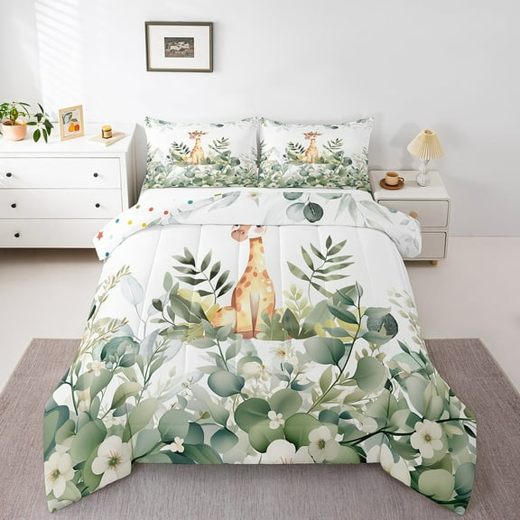 Cartoon Giraffe Bedding Twin Woodland Wildlife Comforter Set Twin, Plant Duvet Insert Eucalyptus Leaf Quilt Comforter, Jungle Animal Theme Bedding Comforters & Sets Room Decor