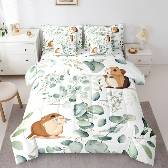 Cartoon Guinea Pig Bed in a Bag 7-Piece Pet Animal Bedding Set, Spring Plant Queen Size Comforter Set Eucalyptus Leaf Bedding Comforter Sets, Hamster Mouse Theme Bed Set Room Decor