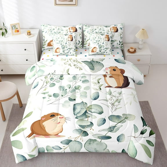 Cartoon Guinea Pig Twin Comforter Set 7 Pieces Pet Animal Bedding Comforter Sets, Spring Plant Bed in a Bag Eucalyptus Leaf Bedding Set, Hamster Mouse Theme Bed Sheets Set Room Decor