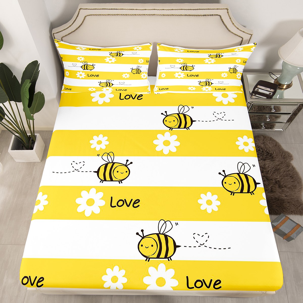 YST Cartoon Honey Bee Bed Sheets Yellow White Stripe Fitted Sheet Twin yst-cartoon-honey-bee-bed-sheets-yellow-white-stripe-fitted-sheet-twin