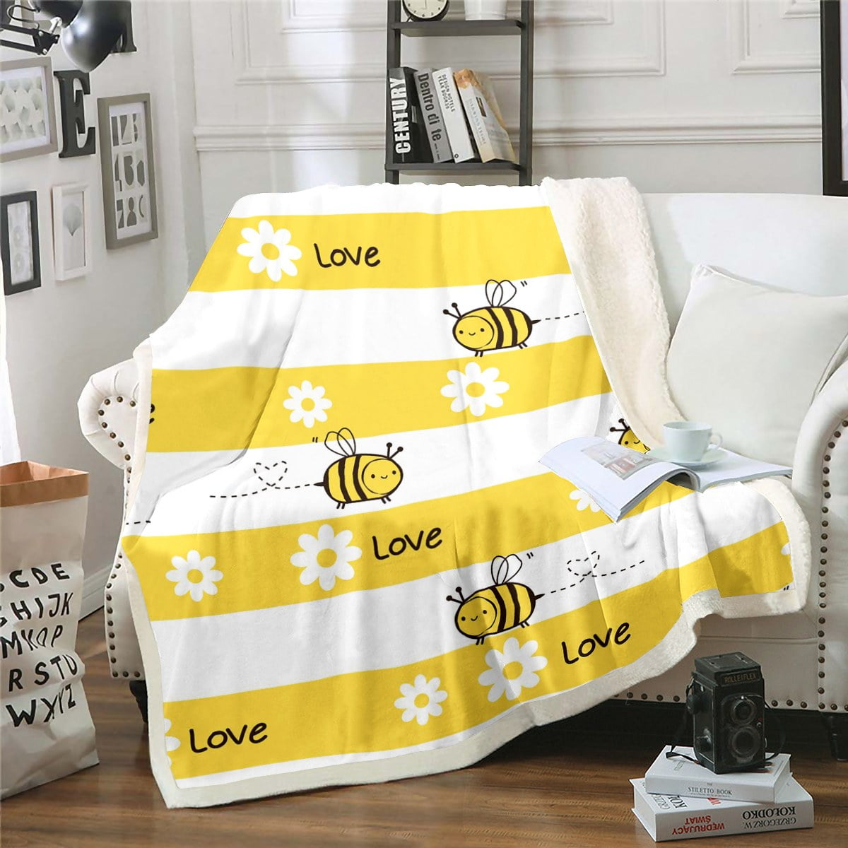 YST Cartoon Honey Bee Blanket Yellow White Stripe Throw Blanket for Bed
