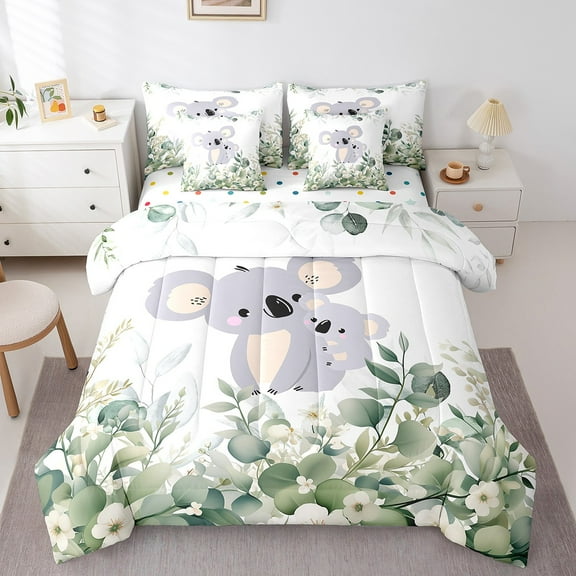 Cartoon Koala Bedding Comforter Sets 7pcs Woodland Wildlife Bed in a Bag, Spring Plant Twin Bedding Sets Eucalyptus Leaf Comforter Set, Jungle Animal Theme Bedding Sets Room Decor