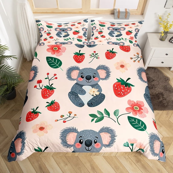Erosebridal Cartoon Koala Comforter Cover Twin Size Koala Bear Animal Print Duvet Cover Nursery Watercolor Floral Leaves Bedding Set Red Strawberry Decor Quilt Cover 2 Pieces