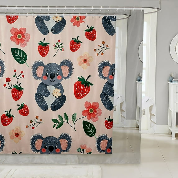 Cartoon Koala Fabric Shower Curtain Koala Bear Animal Print Bathroom Shower Curtain Sets Watercolor Floral Leaves Shower Curtain Red Strawberry Decor Bath Curtain 72"Wx84"L