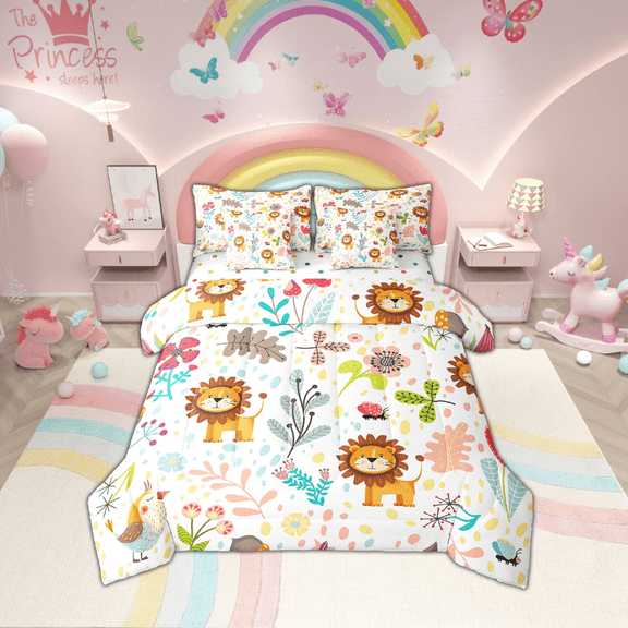 Erosebridal Cartoon Lion Bedding Set Full,Jungle Botanical Lion Comforter Set 7 Piece Cute Floral Zoo Animal Bed In A Bag With Sheets,Kawaii Woodland Sheet Set With Comforter