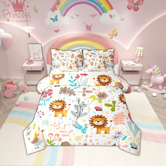 Erosebridal Cartoon Lion Bedding Set Full,Jungle Botanical Lion Comforter Set 7 Piece Cute Floral Zoo Animal Bed In A Bag With Sheets,Kawaii Woodland Sheet Set With Comforter