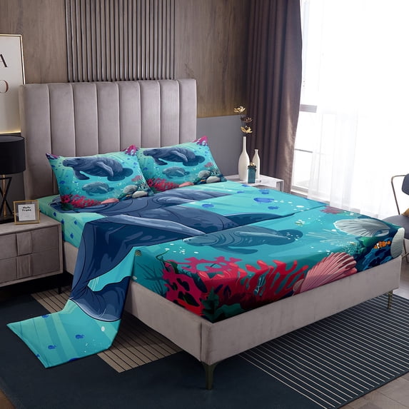 Cartoon Manatee Bedding Full Size Ocean Animal Bed Sheets Set, Pink Coral Seashell Sheet Set Cute Fish Otter Sheets, Underwater World Top Sheet