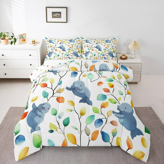 Cartoon Manatee Comforter Set Watercolor Floral Bedding Set, Botanical Plants Bedding Comforter Sets Ocean Animal Duvet Set, Tropical Leaves Quilted Comforter