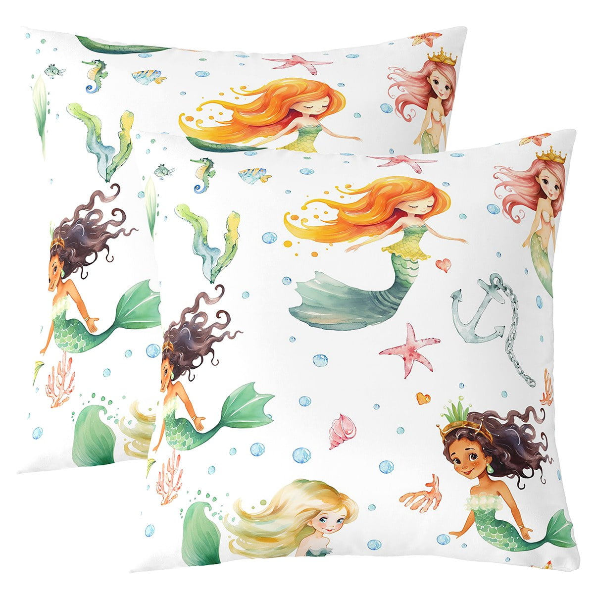 YST Cartoon Mermaid Throw Pillow Covers for Girls Kids,Kawaii Princess Pillow Covers 16x16 set