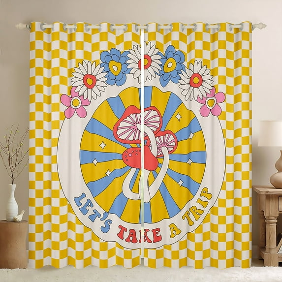 Erosebridal Cartoon Mushroom Curtains & Drapes Groovy Floral Blackout Curtains, Yellow Buffalo Plaid Curtains Geometry Stripe Black Out Curtains, 60s 70s 80s 90s Party Window Drapes