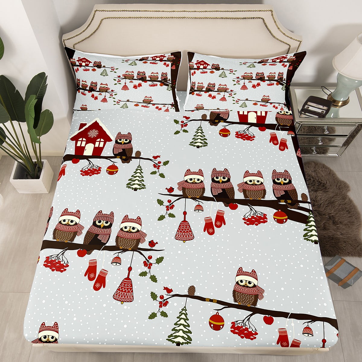 YST Cartoon Owl Bed Sheets Kids Cute Animal Flying Bird Fitted Sheet