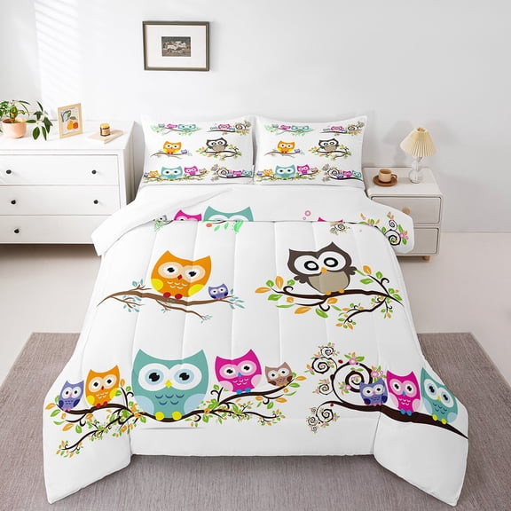 Erosebridal Cartoon Owl Bird Animal Toddler Size Comforter Set, Kids Cute Floral Leaf Branches Print Bedding Set, White