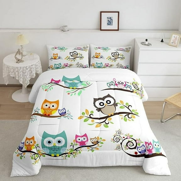 YST Cartoon Owl Comforter Set Kids Cute Animal Floral Leaf Printe Comforter Kawaii Bird Branches Decor Room Decorative Bedding Set Cartoon Owls Design White Duvet Set Toddler Quilt Set